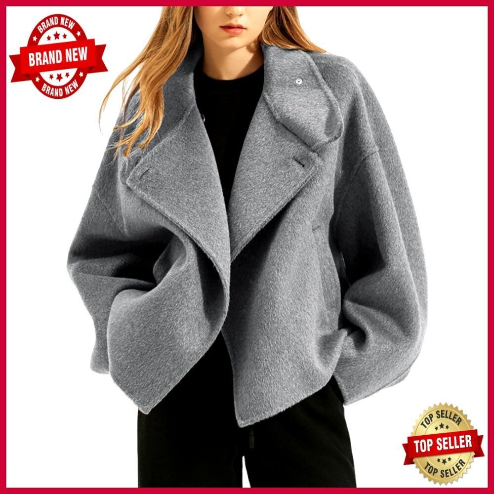 Cropped Wool Pea Coat Oversized Relaxed Fit Notched Lapel Pockets